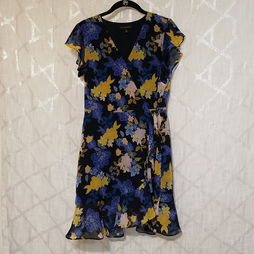Banana Republic Faux Wrap Dress Women's 8 Blue Yellow Floral Petite Boho Summer